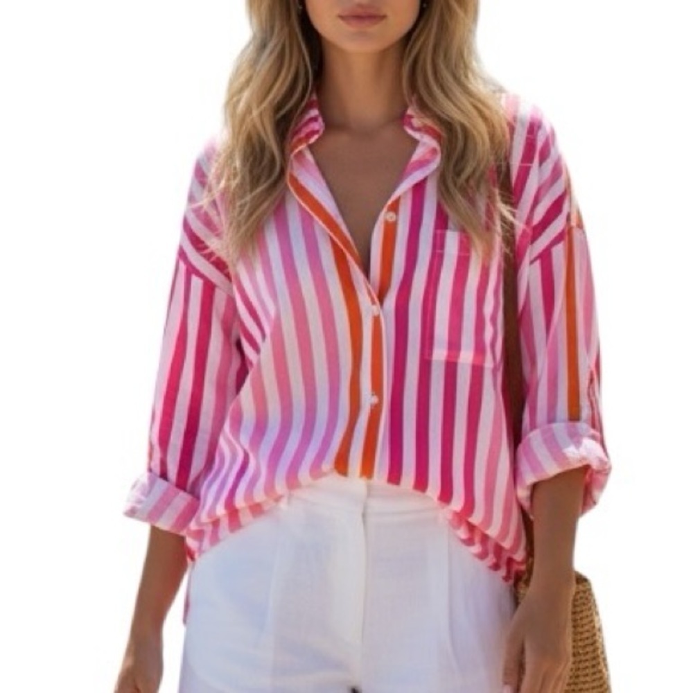 Beach Riot Large White Neon Pink Orange Stripe Cotton Long Sleeve Button Shirt